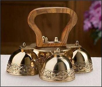 Sanctuary Altar Bells Four Bells Brass and Wood 6.25"W x 4.75"H