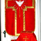 Holy Ghost Red Damask Fiddleback Chasuble Set+Veil, Burse, Maniple, Stole Holy Ghost Red Damask Fiddleback Chasuble Set+Veil, Burse, Maniple, Stole