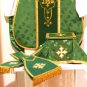 Chasuble Set Green Fiddleback Vestment Set Jacquard + Maniple,Stole,Veil,Burse