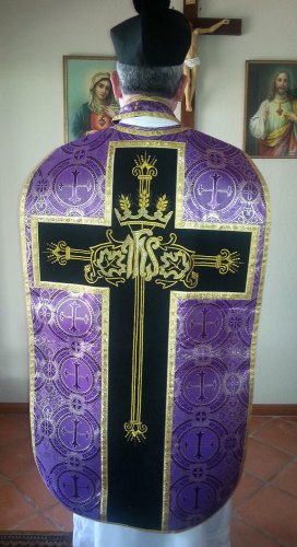 Purple Brocade Damask Fiddleback Chasuble Set + Stole, Maniple, Burse, Veil  XL