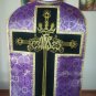 Purple Brocade Damask Fiddleback Chasuble Set + Stole, Maniple, Burse, Veil  XL