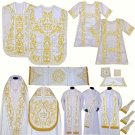 White Solemn High Mass Set, Fiddleback Chasuble, Cope, Stoles, Maniples, Dalmatic, Tunicle