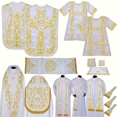 White Solemn High Mass Set, Fiddleback Chasuble, Cope, Stoles, Maniples ...