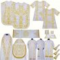 White Solemn High Mass Set, Fiddleback Chasuble, Cope, Stoles, Maniples, Dalmatic, Tunicle