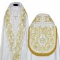 White Solemn High Mass Set, Fiddleback Chasuble, Cope, Stoles, Maniples, Dalmatic, Tunicle
