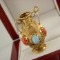 Vintage Pitcher Pendant Charm 18k Yellow Gold With Turquoise Gems and Coral.#310