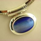 Cabochon Cut Blue Cat Eye Stone Oval Pendant Necklace.#31
