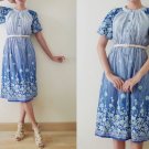 Vintage blue short sleeve Japanese midi dress,bell sleeve,geometric,flowers and graphic printed