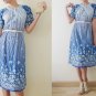 Vintage blue short sleeve Japanese midi dress,bell sleeve,geometric,flowers and graphic printed
