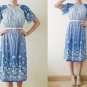 Vintage blue short sleeve Japanese midi dress,bell sleeve,geometric,flowers and graphic printed