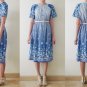 Vintage blue short sleeve Japanese midi dress,bell sleeve,geometric,flowers and graphic printed