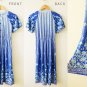 Vintage blue short sleeve Japanese midi dress,bell sleeve,geometric,flowers and graphic printed