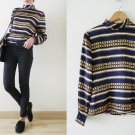VTG silky navy and gold baroque style blouse, Versace Style, gold chains prints, high neck