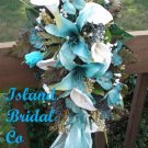 Silk Flower Wedding Bridal Bouquet Set Turquoise White Lilies 15 pc