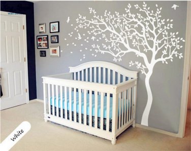 Huge White Tree Flowers Vinyl Wall Decals Nursery Tree and Birds Wall Art Wall Sticker
