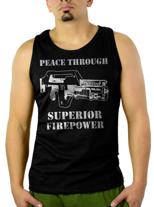 Aliens Peace Through Superior Firepower Machine Gun Weapon Sci-Fi Men Black Tank Top Sleeveless