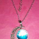 Galaxy Glass Hollow Moon Shape Pendant Silver Tone Necklace
