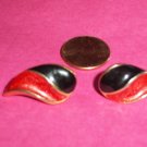 Enameled Metal Post Earrings Vintage Red and Black on Gold Tone