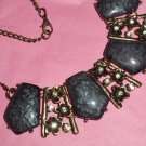 Bib Necklace Bronze Metal Dark Gray Resin and Rhinestones