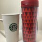 2 Starbucks cups 1 white ceramic mug 2007 14oz and 2016 red tumbler plastic 16oz