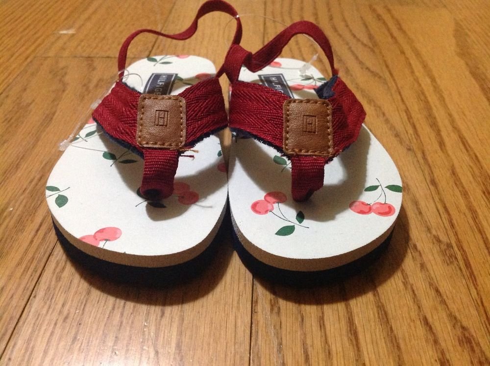TOMMY HILFIGER FLIP FLOPS BLUE RED STRAP CHERRY DOTS SANDALS 7/8NEW KIDS TODDLER