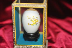 Vintage Chinese Hand Painted Egg Shell in Glass Case w/Long tail streamer Bird