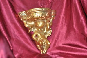 Vintage Chalkware Cherub Wall Sconce Gold Pocket Vase Plaster Angel Shabby Shrub