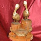 2 Pelicans Hand Carved Wood Sculpture Florida Rope bound Pilings 10" Tall 7" wid