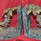 2 Ceramic Bookends PalmTree Brown Monkey Climbing Design Heavy
