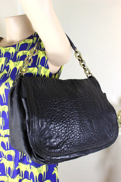 LANVIN Ash Grey Almost Black Pebbled Leather Chain Strap Hobo Shoulder Bag