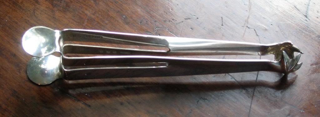 Solid Sterling Silver : A novelty large pair of Silver Sugar Tongs  squeeze mech