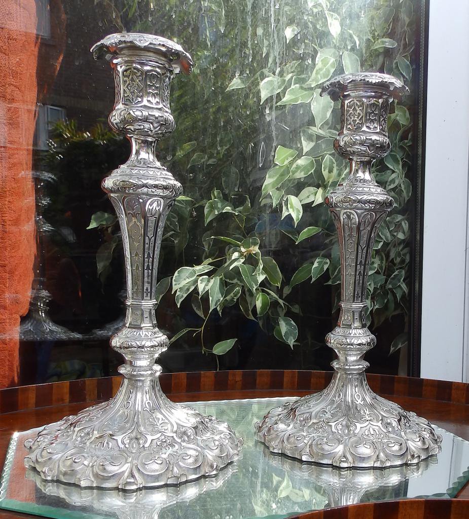 Antique Silver Plate : Pair Victorian cast Moorish Design Elkington Candlesticks