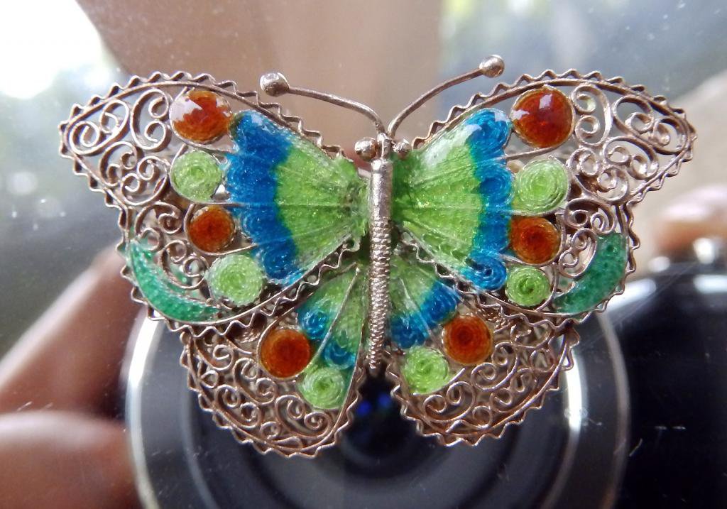 Antique Jewellery : A large fine solid sterling silver & enamel Butterfly Brooch