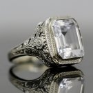 ANTIQUE ART DECO 14k WHITE GOLD & 10X8 EMERALD CUT WHITE TOPAZ FILIGREE RING
