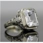 ANTIQUE ART DECO 14k WHITE GOLD & 10X8 EMERALD CUT WHITE TOPAZ FILIGREE RING