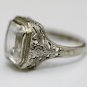 ANTIQUE ART DECO 14k WHITE GOLD & 10X8 EMERALD CUT WHITE TOPAZ FILIGREE RING