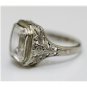 ANTIQUE ART DECO 14k WHITE GOLD & 10X8 EMERALD CUT WHITE TOPAZ FILIGREE RING