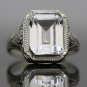 ANTIQUE ART DECO 14k WHITE GOLD & 10X8 EMERALD CUT WHITE TOPAZ FILIGREE RING