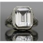 ANTIQUE ART DECO 14k WHITE GOLD & 10X8 EMERALD CUT WHITE TOPAZ FILIGREE RING