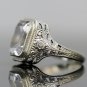 ANTIQUE ART DECO 14k WHITE GOLD & 10X8 EMERALD CUT WHITE TOPAZ FILIGREE RING
