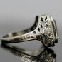 ANTIQUE ART DECO 14k WHITE GOLD & 10X8 EMERALD CUT WHITE TOPAZ FILIGREE RING
