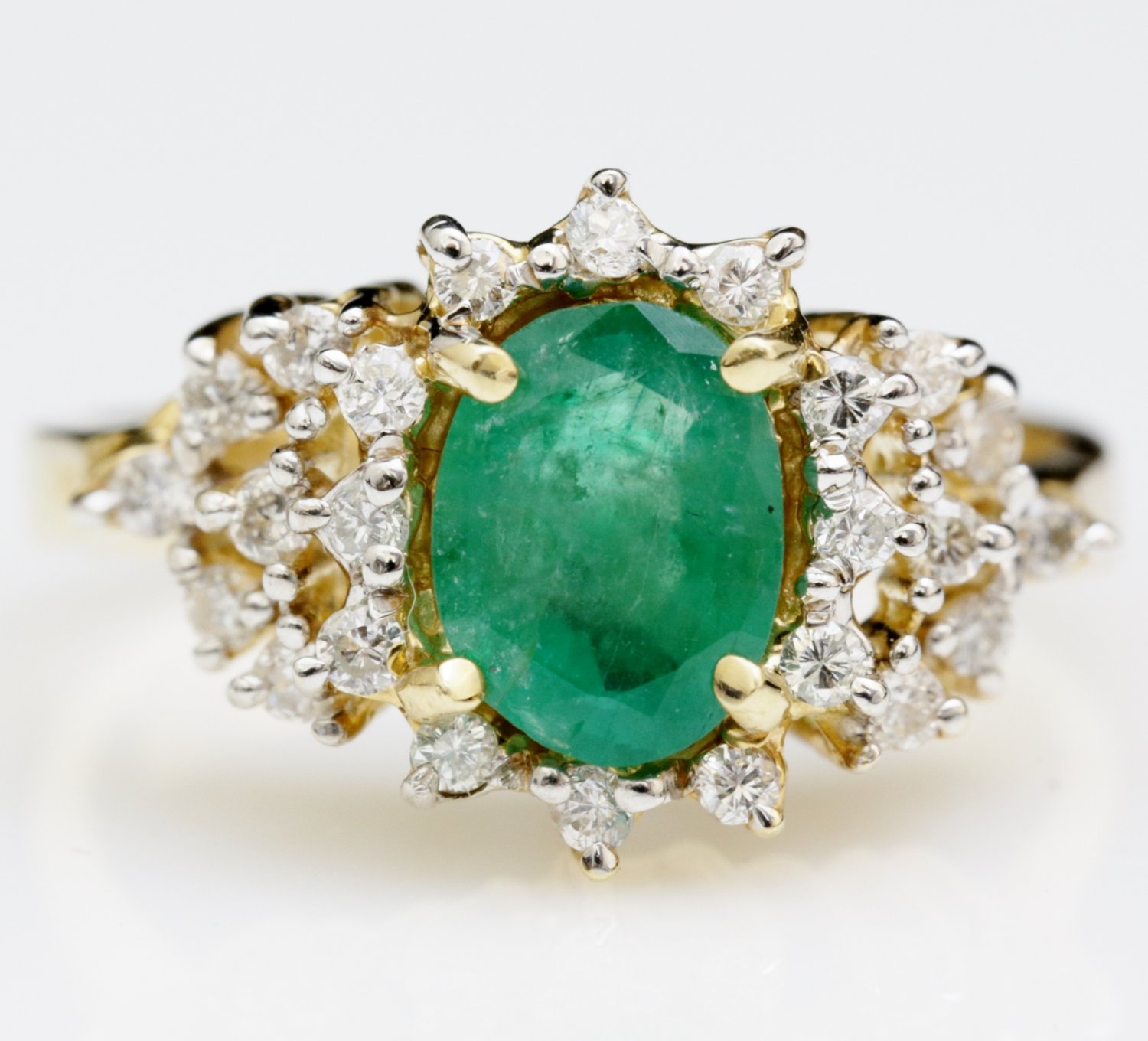 STUNNING 14K SOLID YELLOW GOLD 8x6MM EMERALD & DIAMOND HALO COCKTAIL RING 1.61CT