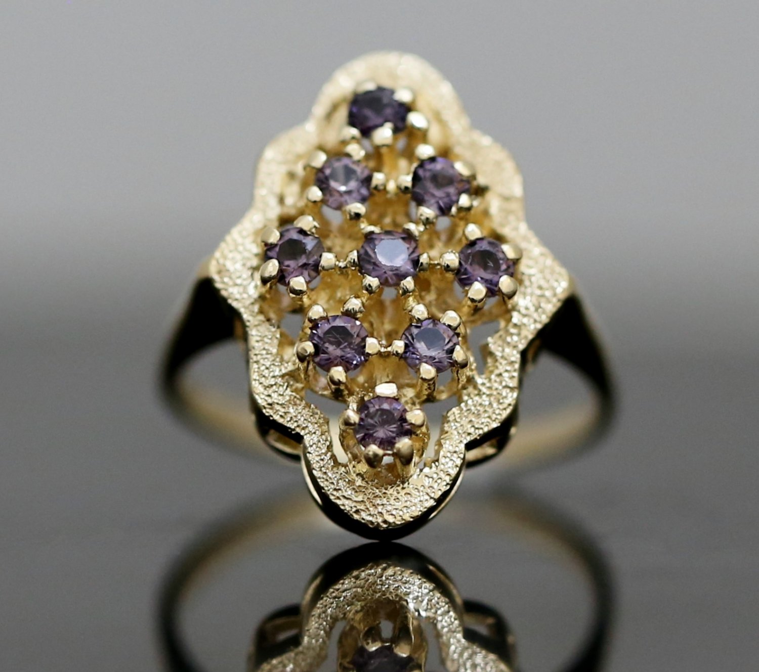 UNIQUE 14K SOLID YELLOW GOLD ROUND AMETHYST GEMSTONE CLUSTER COCKTAIL RING ~