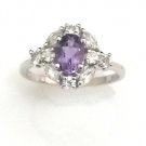 UNIQUE 10K WHITE GOLD SYNTHETIC OVAL AMETHYST CENTER & CZ ACCENTS RING ~FREE S&H