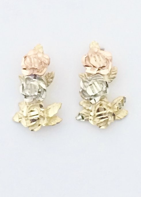 UNIQUE 14K YELLOW WHITE ROSE GOLD TRI COLOR FLOWER DESIGN EARRINGS ~ FREE S&H