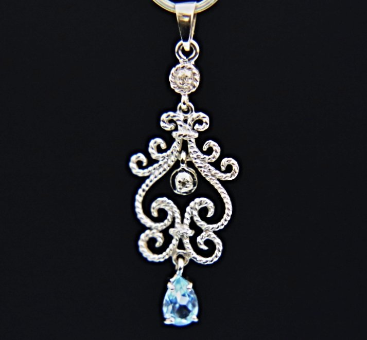 SOLID 14K WHITE GOLD DIAMOND & AQUAMARINE ART DECO STYLE PENDANT ~ BEAUTIFUL!