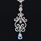 SOLID 14K WHITE GOLD DIAMOND & AQUAMARINE ART DECO STYLE PENDANT ~ BEAUTIFUL!