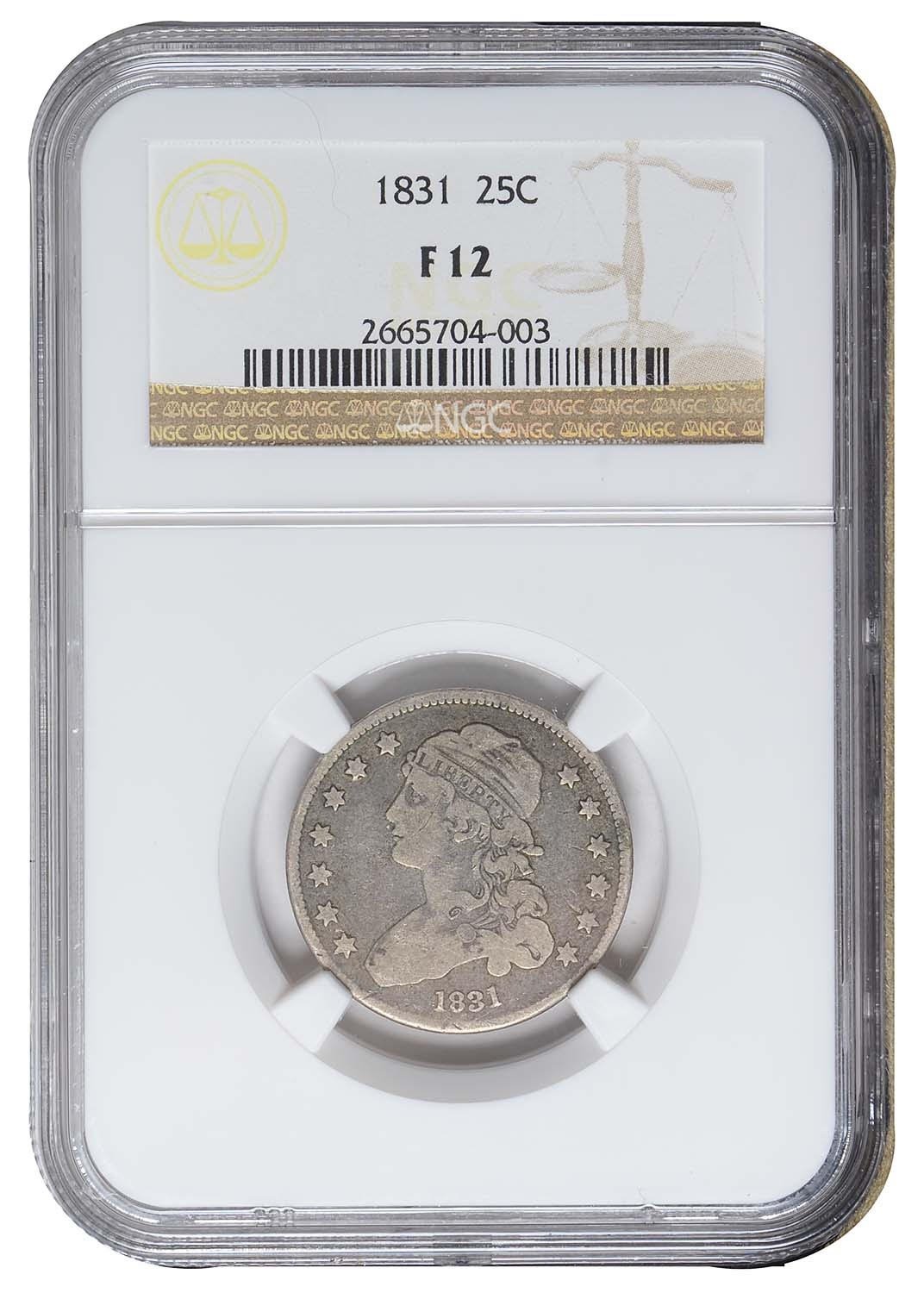 NGC F12 1831 CAPPED BUST LIBERTY QUARTER 25 CENTS SILVER COIN ~ FIRST YEAR TYPE