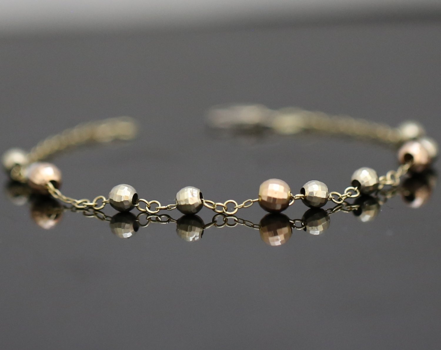 14K SOLID YELLOW GOLD & MULTI COLORED DIAMOND CUT BALL / BEADS BRACELET ~ UNIQUE