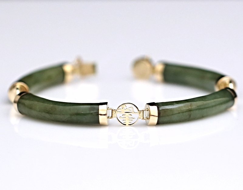 CLASSIC 14K YELLOW GOLD & GREEN JADE JADEITE ASIAN ART BRACELET ~7" LENGTH 17+GR